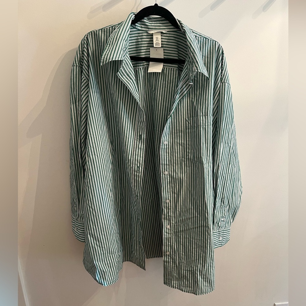 Green and white striped button down